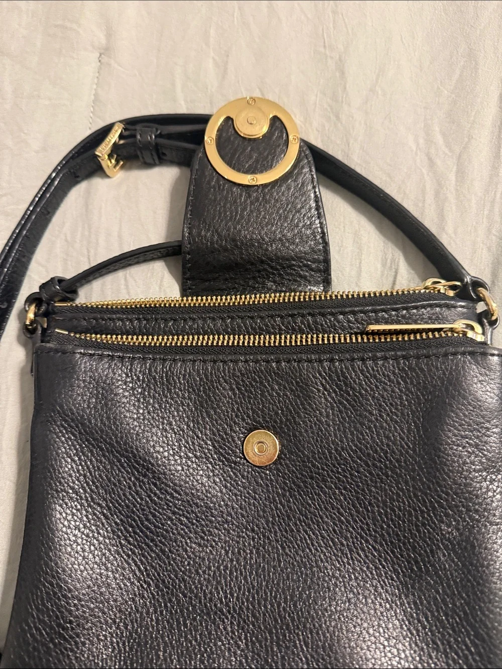 Michael Kors Black Leather Crossbody with Gold MK Accent